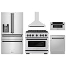 ZLINE 5-Piece Appliance Package - 36-Inch Paramount Autograph Gas Range, Wall Mount Range Hood, 36-Inch French Door Refrigerator with Water Dispenser, Dishwasher, and 30-Inch Microwave Drawer in Stainless Steel with Matte Black Accents