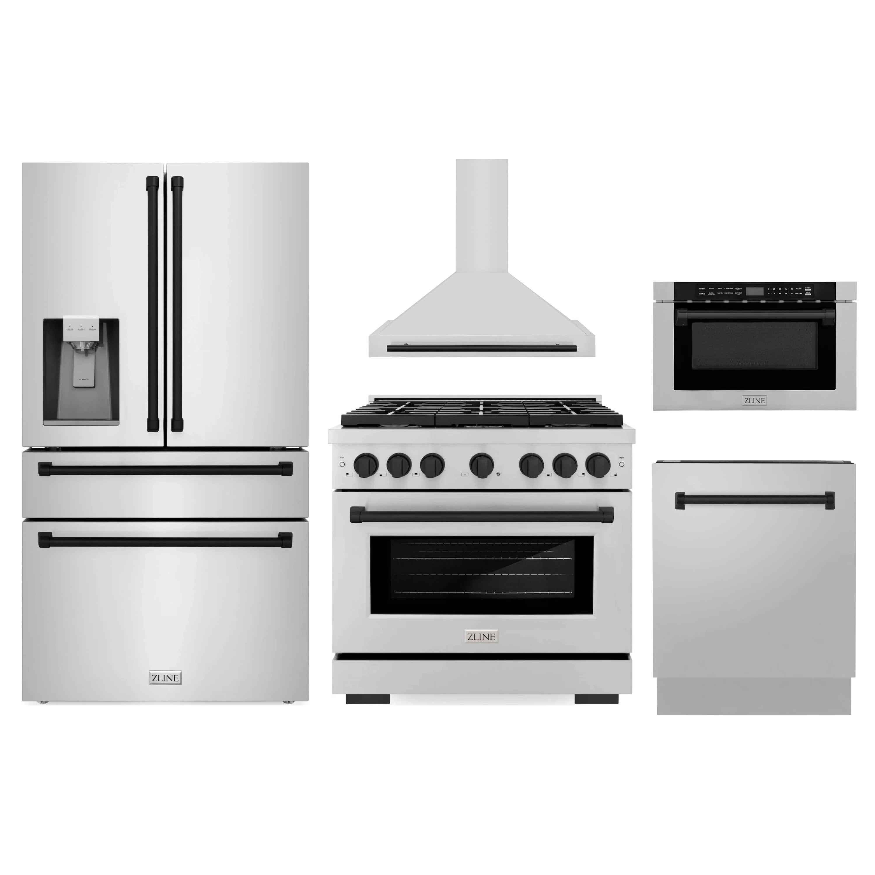 Stainless steel kitchen appliance package with microwave drawer and range units