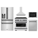ZLINE 5-Piece Appliance Package - 36-Inch Paramount Autograph Gas Range, Wall Mount Range Hood, 36-Inch French Door Refrigerator with Water Dispenser, Dishwasher, and 30-Inch Microwave Drawer in Stainless Steel with Matte Black Accents