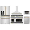 ZLINE 5-Piece Appliance Package - 48-Inch Paramount Autograph Gas Range, Wall Mount Range Hood, 36-Inch French Door Refrigerator with Water Dispenser, Dishwasher, and 30-Inch Microwave Drawer in Stainless Steel with Champagne Bronze Accents