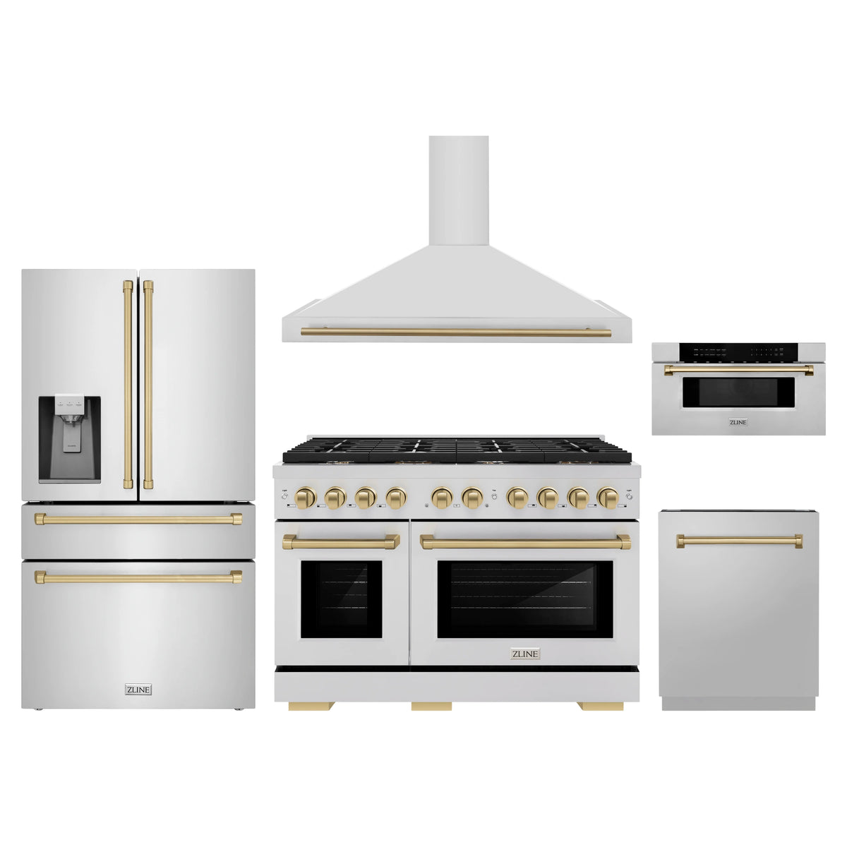 ZLINE 5-Piece Appliance Package - 48-Inch Paramount Autograph Gas Range, Wall Mount Range Hood, 36-Inch French Door Refrigerator with Water Dispenser, Dishwasher, and 30-Inch Microwave Drawer in Stainless Steel with Champagne Bronze Accents