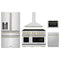 ZLINE 5-Piece Appliance Package - 48-Inch Paramount Autograph Gas Range, Wall Mount Range Hood, 36-Inch French Door Refrigerator with Water Dispenser, Dishwasher, and 30-Inch Microwave Drawer in Stainless Steel with Champagne Bronze Accents