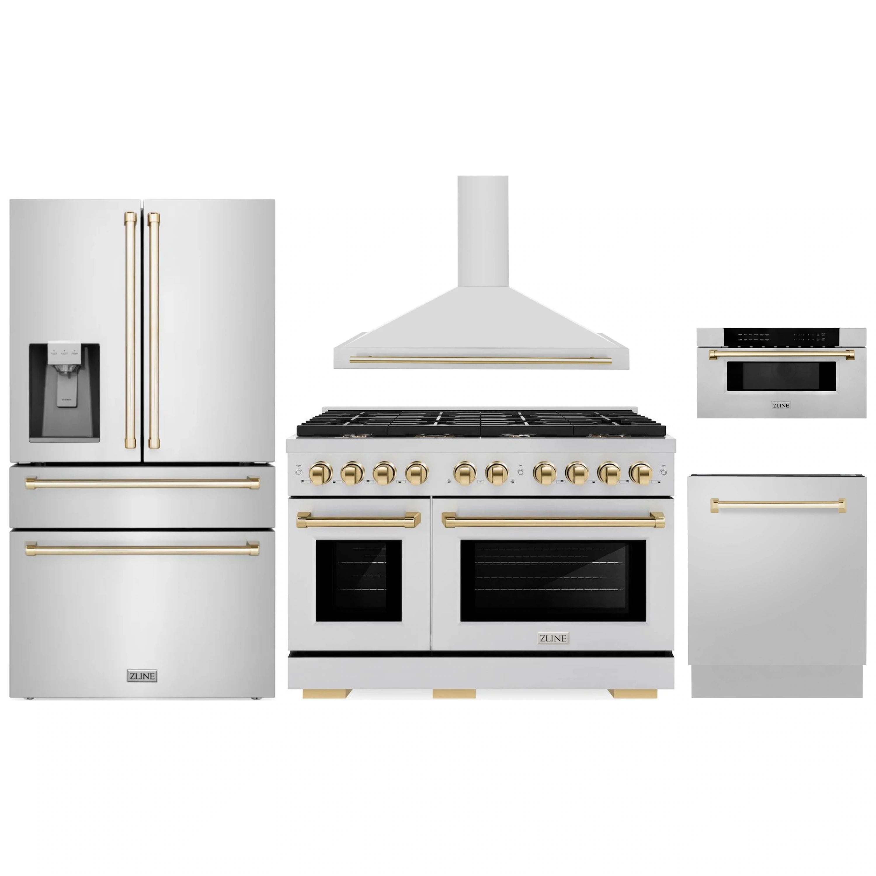 Stainless steel ZLINE kitchen appliance package with range, hood, refrigerator, dishwasher, microwave
