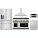 ZLINE 5-Piece Appliance Package - 48-Inch Paramount Autograph Gas Range, Wall Mount Range Hood, 36-Inch French Door Refrigerator with Water Dispenser, Dishwasher, and 30-Inch Microwave Drawer in Stainless Steel with Gold Accents