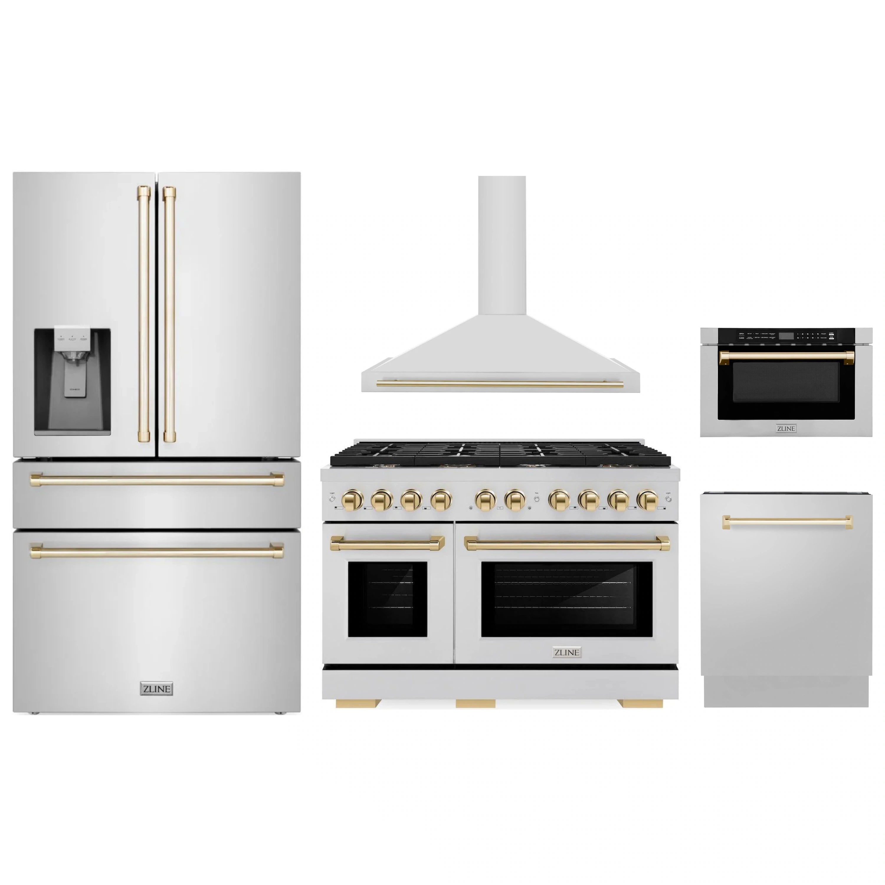 Stainless steel kitchen appliance set with gold accents: refrigerator, hood, range, and oven