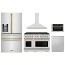 ZLINE 5-Piece Appliance Package - 48-Inch Paramount Autograph Gas Range, Wall Mount Range Hood, 36-Inch French Door Refrigerator with Water Dispenser, Dishwasher, and 30-Inch Microwave Drawer in Stainless Steel with Gold Accents