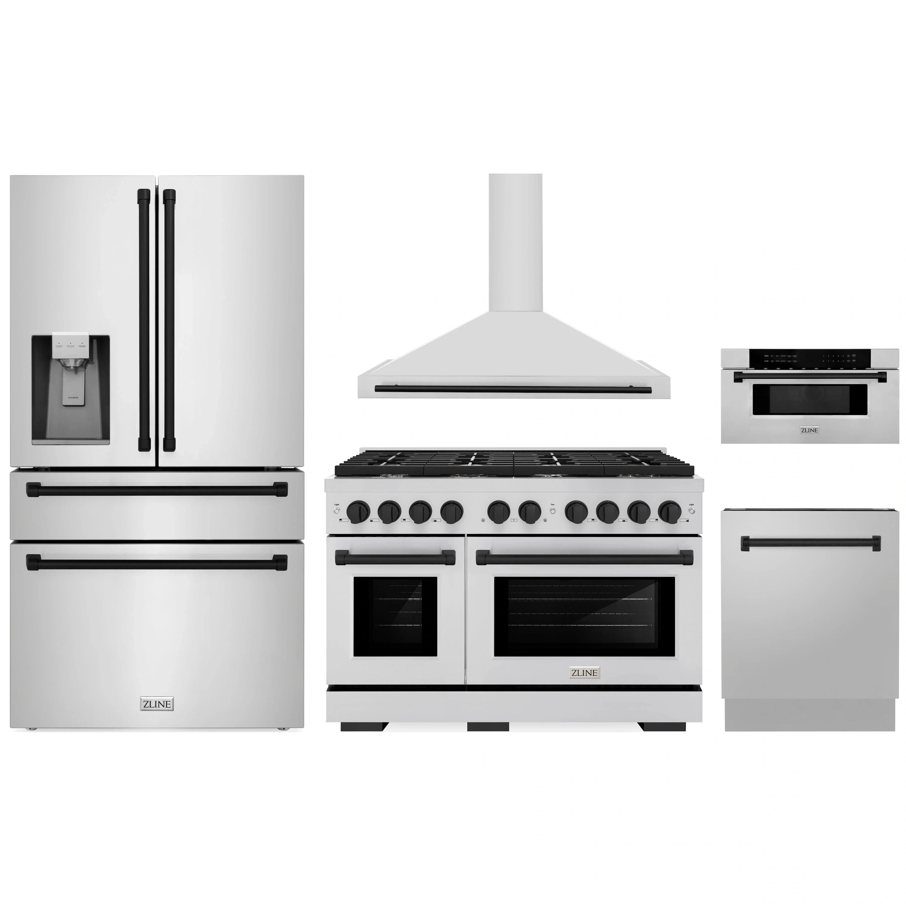Stainless steel kitchen appliance package with range, hood, refrigerator, and dishwasher