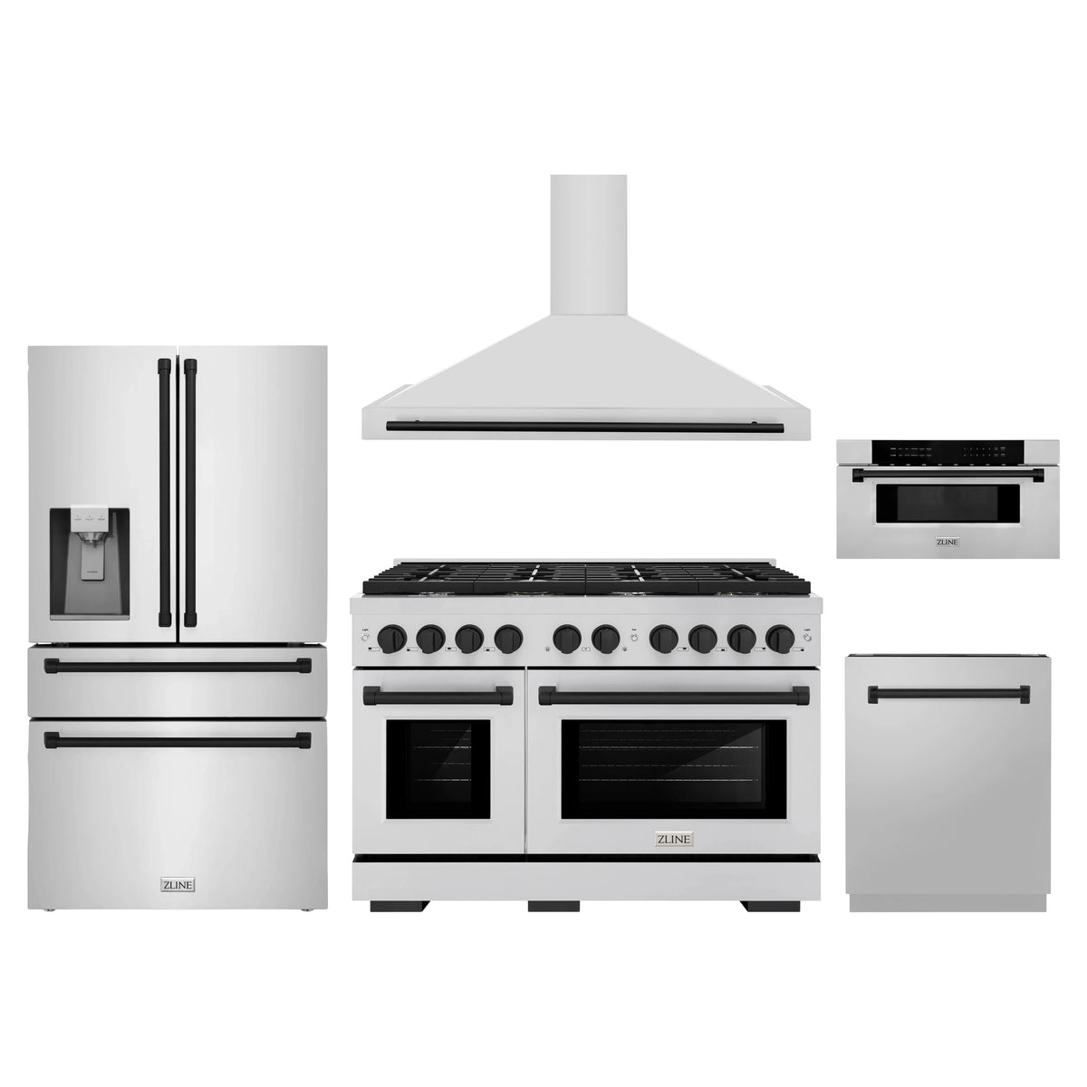 ZLINE 5-Piece Appliance Package - 48-Inch Paramount Autograph Gas Range, Wall Mount Range Hood, 36-Inch French Door Refrigerator with Water Dispenser, Dishwasher, and 30-Inch Microwave Drawer in Stainless Steel with Matte Black Accents