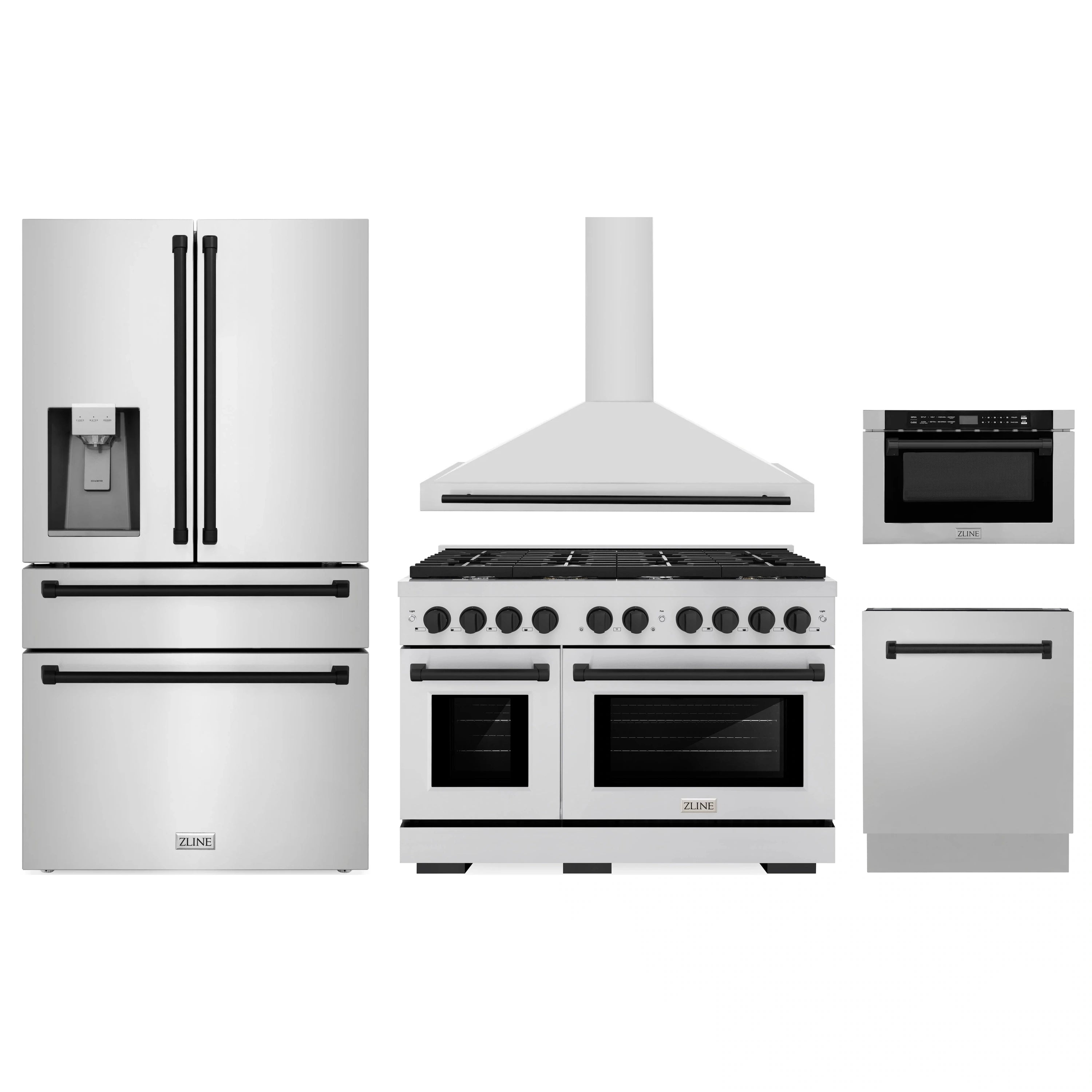 Stainless steel 5-piece kitchen appliance package with range, hood, fridge, microwave