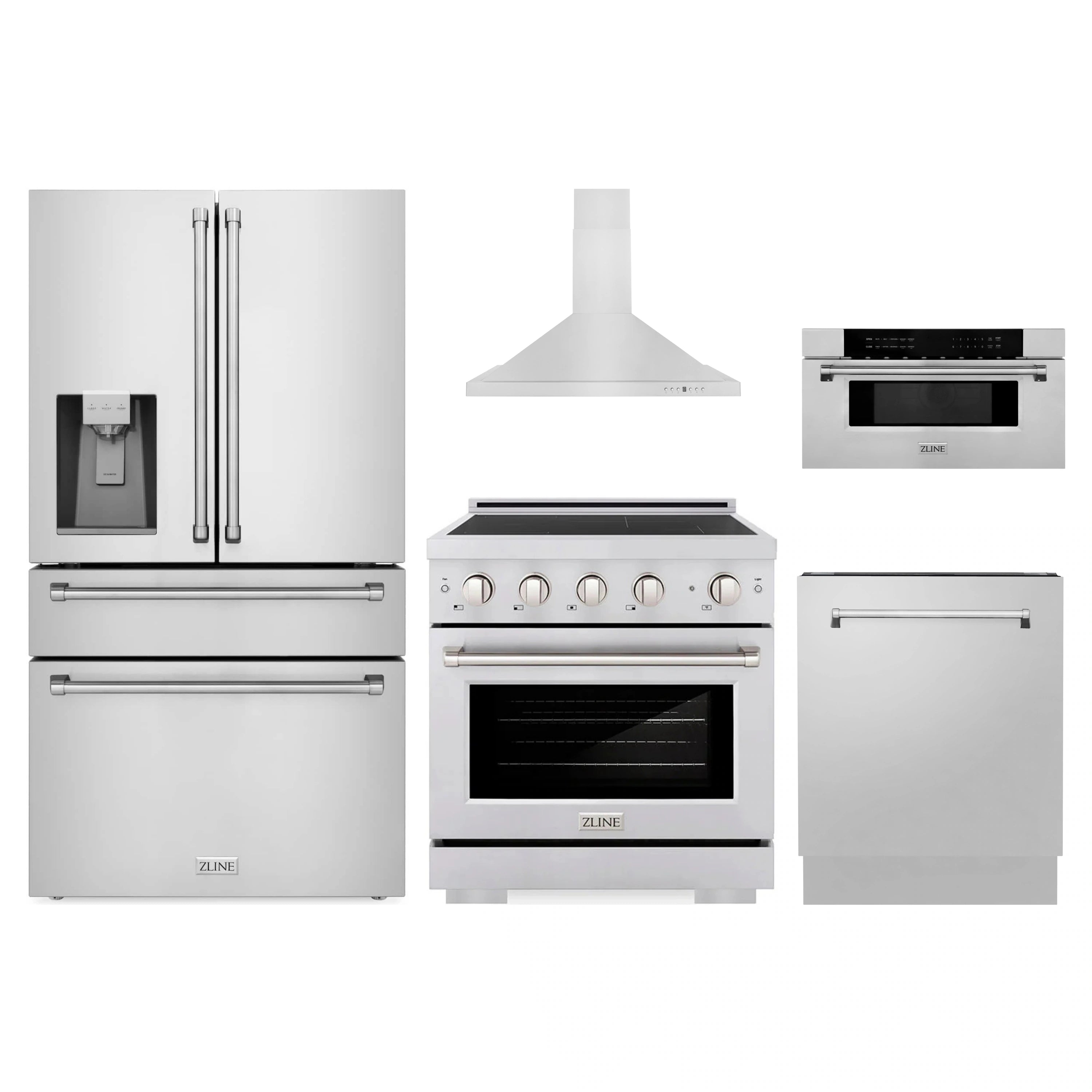 Stainless steel kitchen appliance set with refrigerator, hood, range, and dishwasher