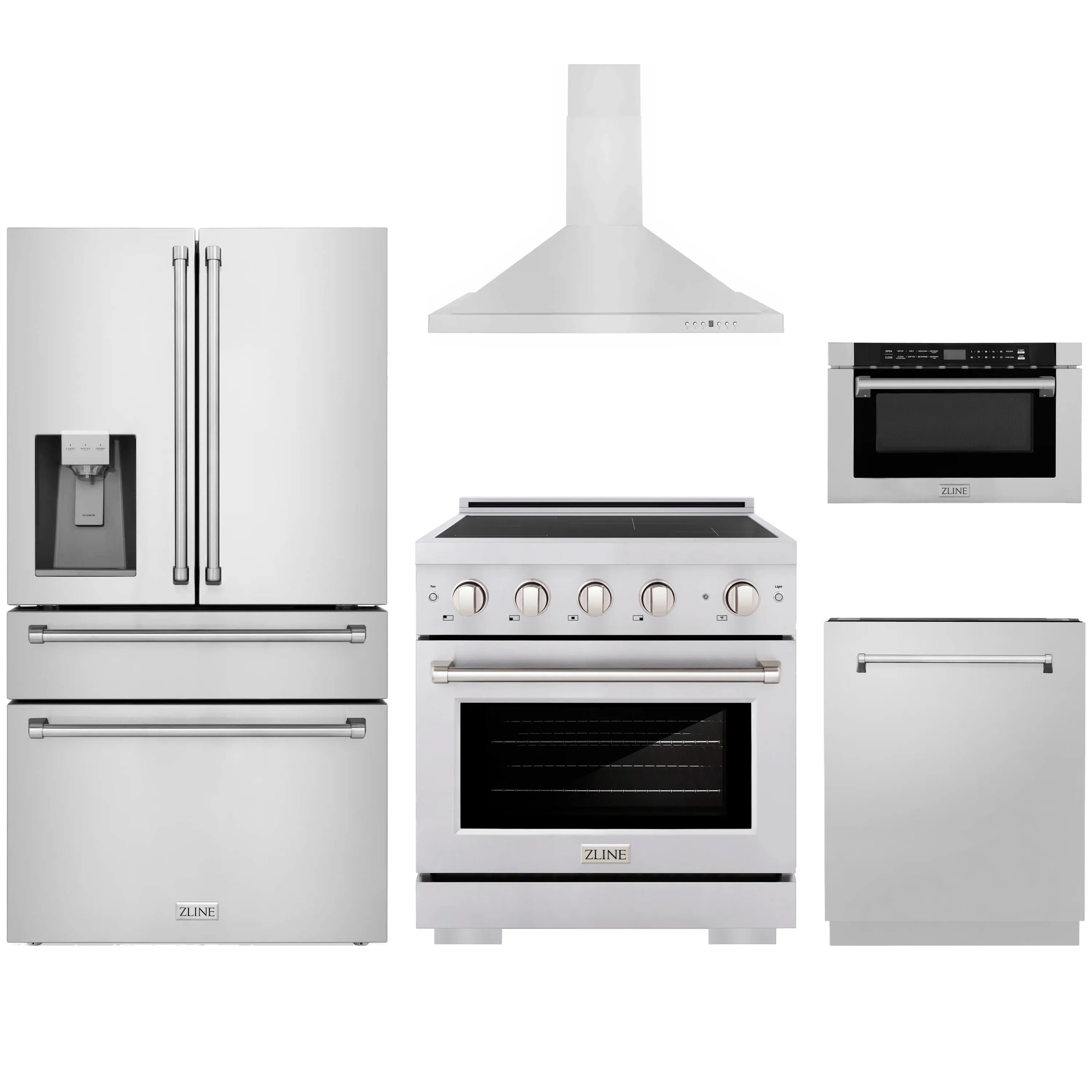 Stainless steel ZLINE 5-piece kitchen appliance package with refrigerator, range, hood, dishwasher