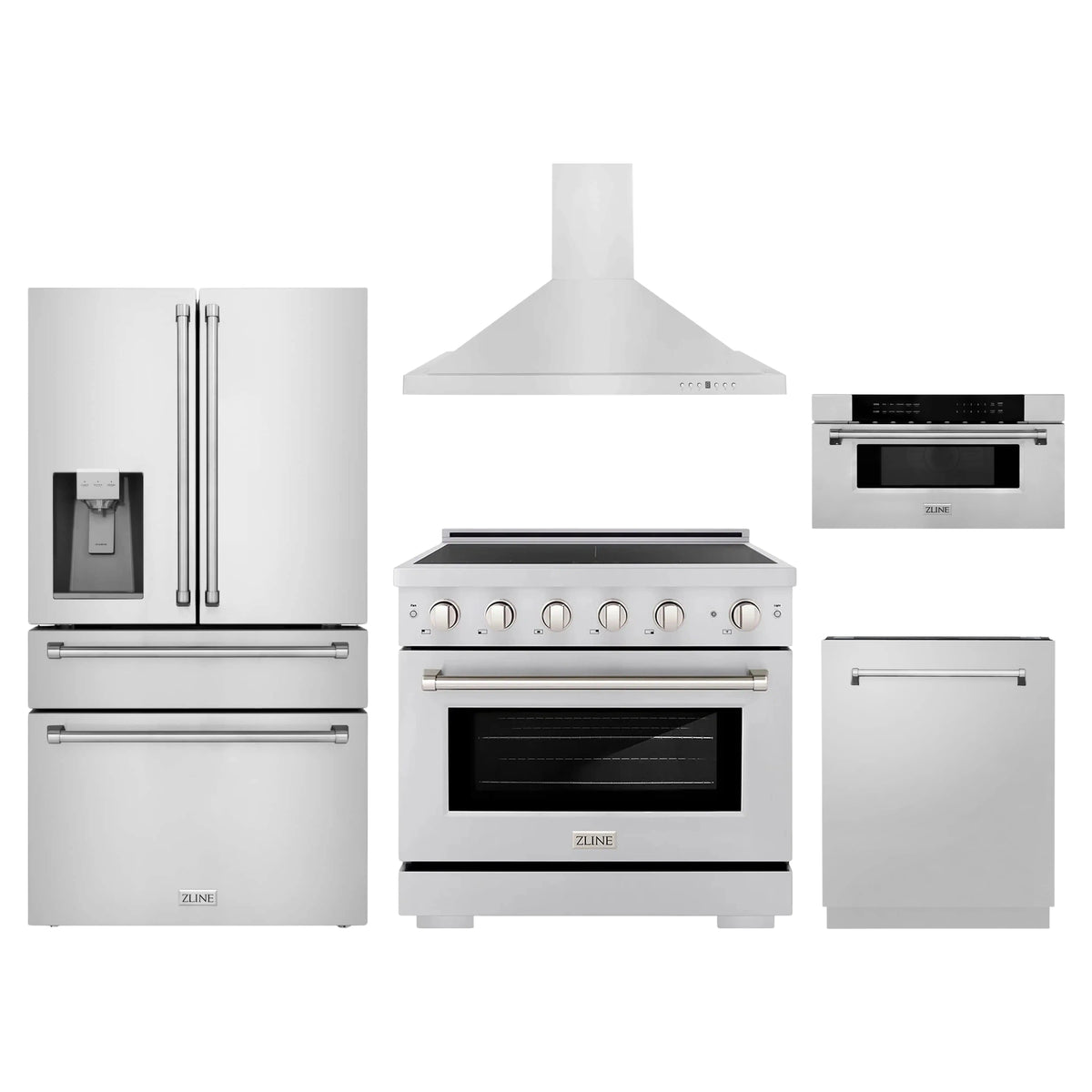 ZLINE 5-Piece Appliance Package - 36-Inch Paramount Induction Range, Wall Mount Range Hood, 36-Inch French Door Refrigerator with Water Dispenser, Dishwasher, and 30-Inch Microwave Drawer in Stainless Steel