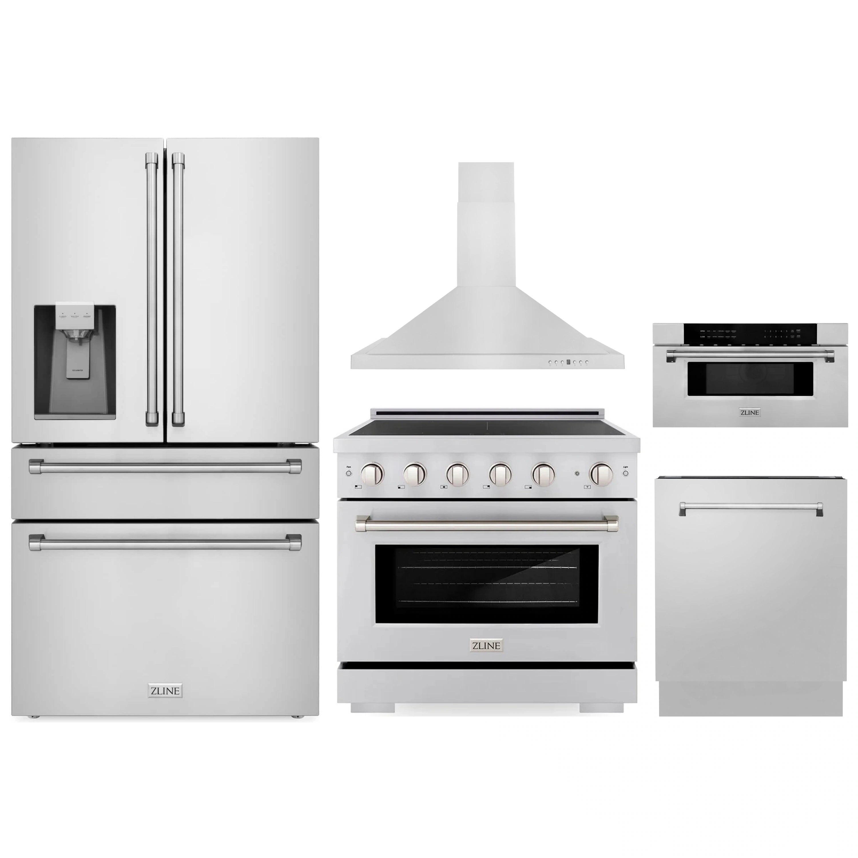 Stainless steel appliance package lineup: range, hood, refrigerator, dishwasher, microwave