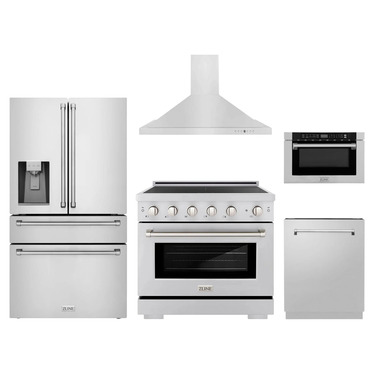 ZLINE 5-Piece Appliance Package - 36-Inch Paramount Induction Range, Wall Mount Range Hood, 36-Inch French Door Refrigerator with Water Dispenser, Dishwasher, and 24-Inch Microwave Drawer in Stainless Steel