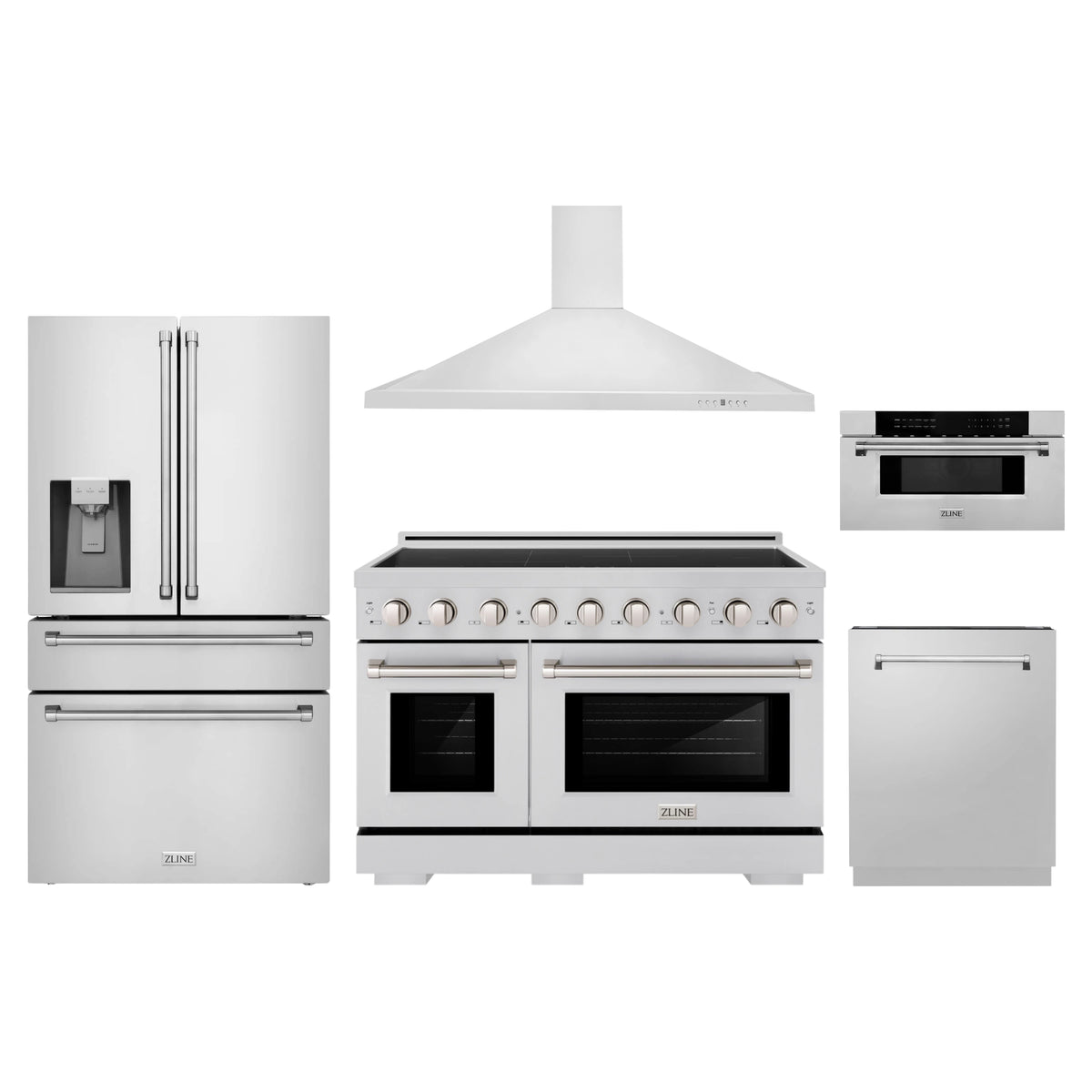 ZLINE 5-Piece Appliance Package - 48-Inch Paramount Induction Range, Wall Mount Range Hood, 36-Inch French Door Refrigerator with Water Dispenser, Dishwasher, and 30-Inch Microwave Drawer in Stainless Steel