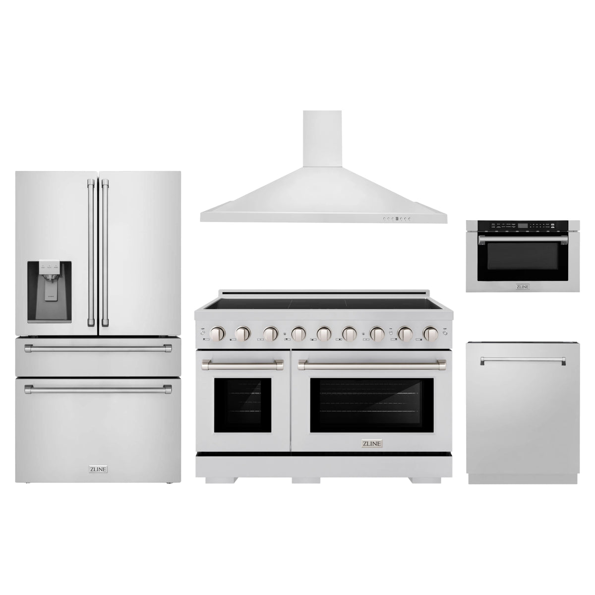 ZLINE 5-Piece Appliance Package - 48-Inch Paramount Induction Range, Wall Mount Range Hood, 36-Inch French Door Refrigerator with Water Dispenser, Dishwasher, and 24-Inch Microwave Drawer in Stainless Steel