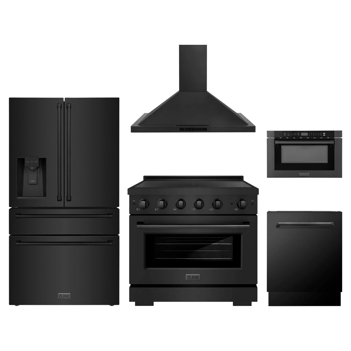 ZLINE 5-Piece Appliance Package - 36-Inch Paramount Induction Range, Wall Mount Range Hood, 36-Inch French Door Refrigerator with Water Dispenser, Dishwasher, and 24-Inch Microwave Drawer in Black Stainless Steel