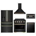 ZLINE 5-Piece Appliance Package - 30-Inch Autograph Induction Range, Wall Mount Range Hood, 36-Inch French Door Refrigerator with Water Dispenser, Dishwasher, and 30-Inch Microwave Drawer in Black Stainless Steel with Gold Accents