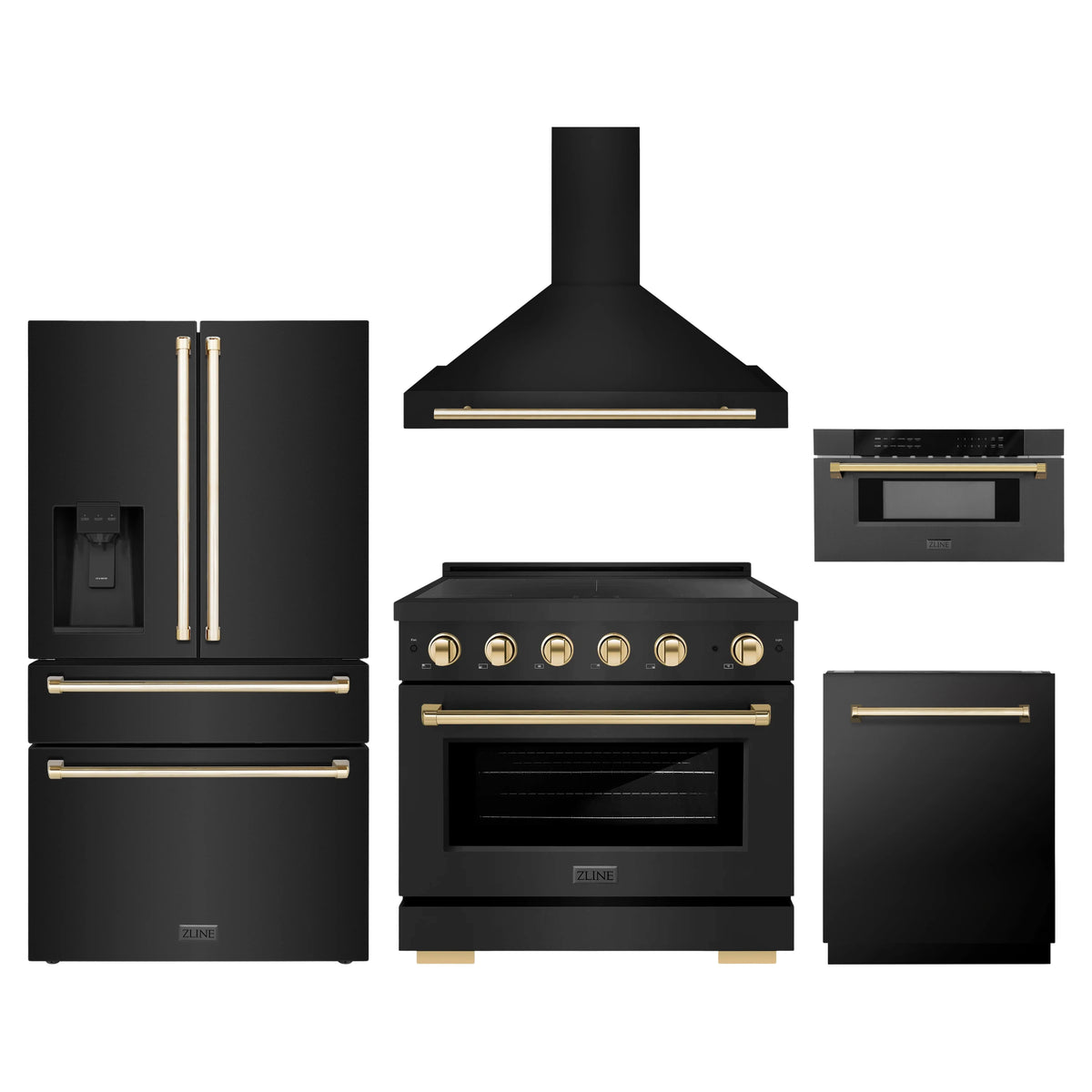 ZLINE 5-Piece Appliance Package - 36-Inch Autograph Edition Induction Range, Wall Mount Range Hood, 36-Inch French Door Refrigerator with Water Dispenser, Dishwasher, and 30-Inch Microwave Drawer in Black Stainless Steel with Gold Accents