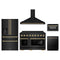 ZLINE 5-Piece Appliance Package - 48-Inch Autograph Edition Induction Range, Wall Mount Range Hood, 36-Inch French Door Refrigerator with Water Dispenser, Dishwasher, and 24-Inch Microwave Drawer in Black Stainless Steel with Champagne Bronze Accents
