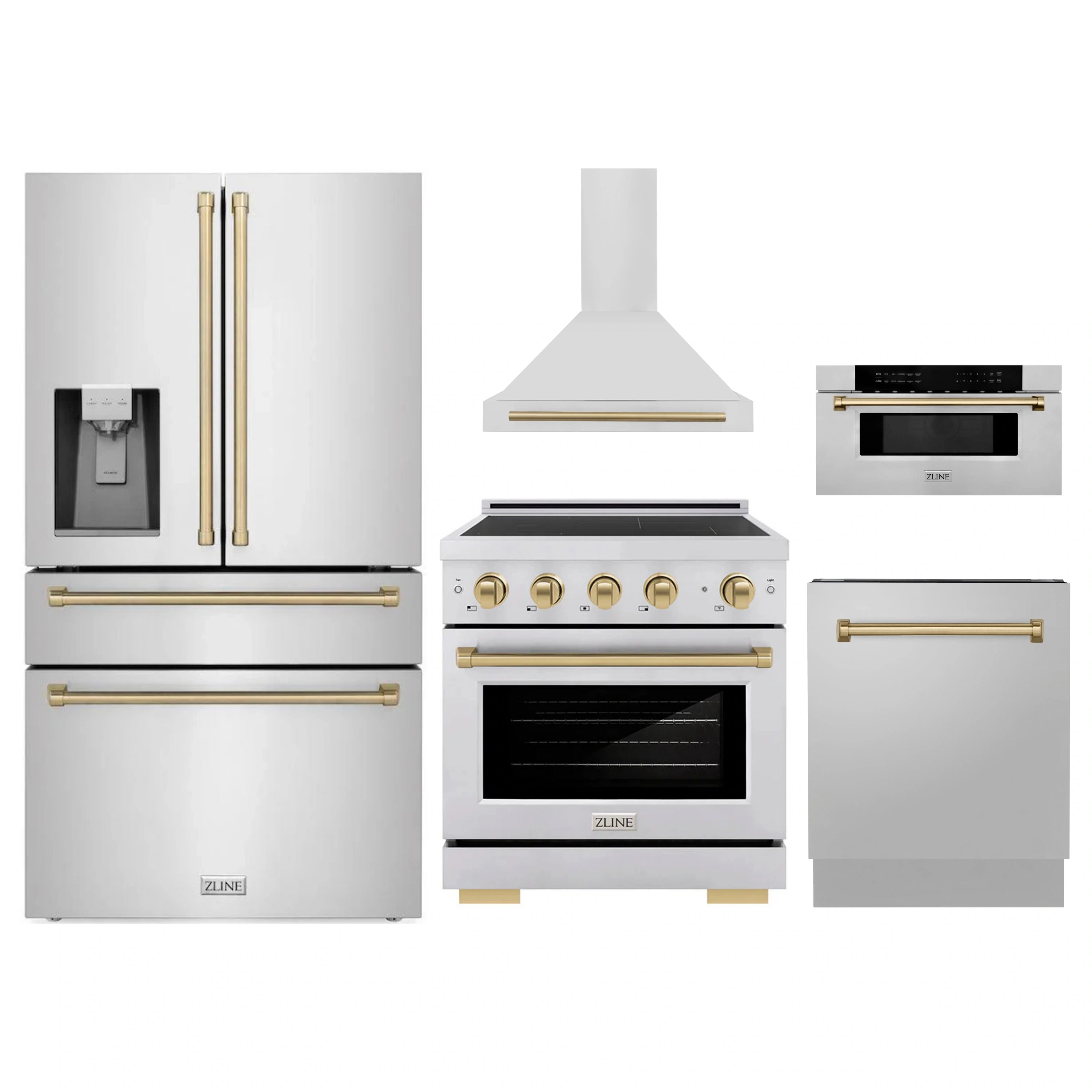 5-piece stainless appliance set with gold accents: range, microwave, refrigerator, dishwasher