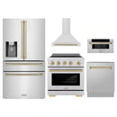 ZLINE 5-Piece Appliance Package - 30-Inch Autograph Induction Range, Wall Mount Range Hood, 36-Inch French Door Refrigerator with Water Dispenser, Dishwasher, and 30-Inch Microwave Drawer in Stainless Steel with Champagne Bronze Accents