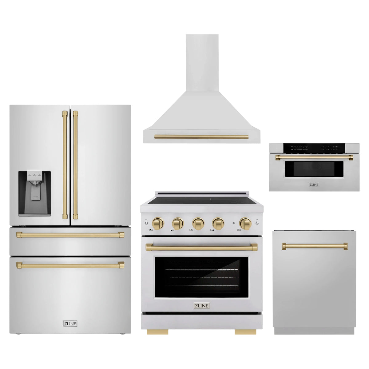 ZLINE 5-Piece Appliance Package - 30-Inch Autograph Induction Range, Wall Mount Range Hood, 36-Inch French Door Refrigerator with Water Dispenser, Dishwasher, and 30-Inch Microwave Drawer in Stainless Steel with Champagne Bronze Accents