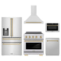 ZLINE 5-Piece Appliance Package - 30-Inch Autograph Induction Range, Wall Mount Range Hood, 36-Inch French Door Refrigerator with Water Dispenser, Dishwasher, and 24-Inch Microwave Drawer in Stainless Steel with Champagne Bronze Accents