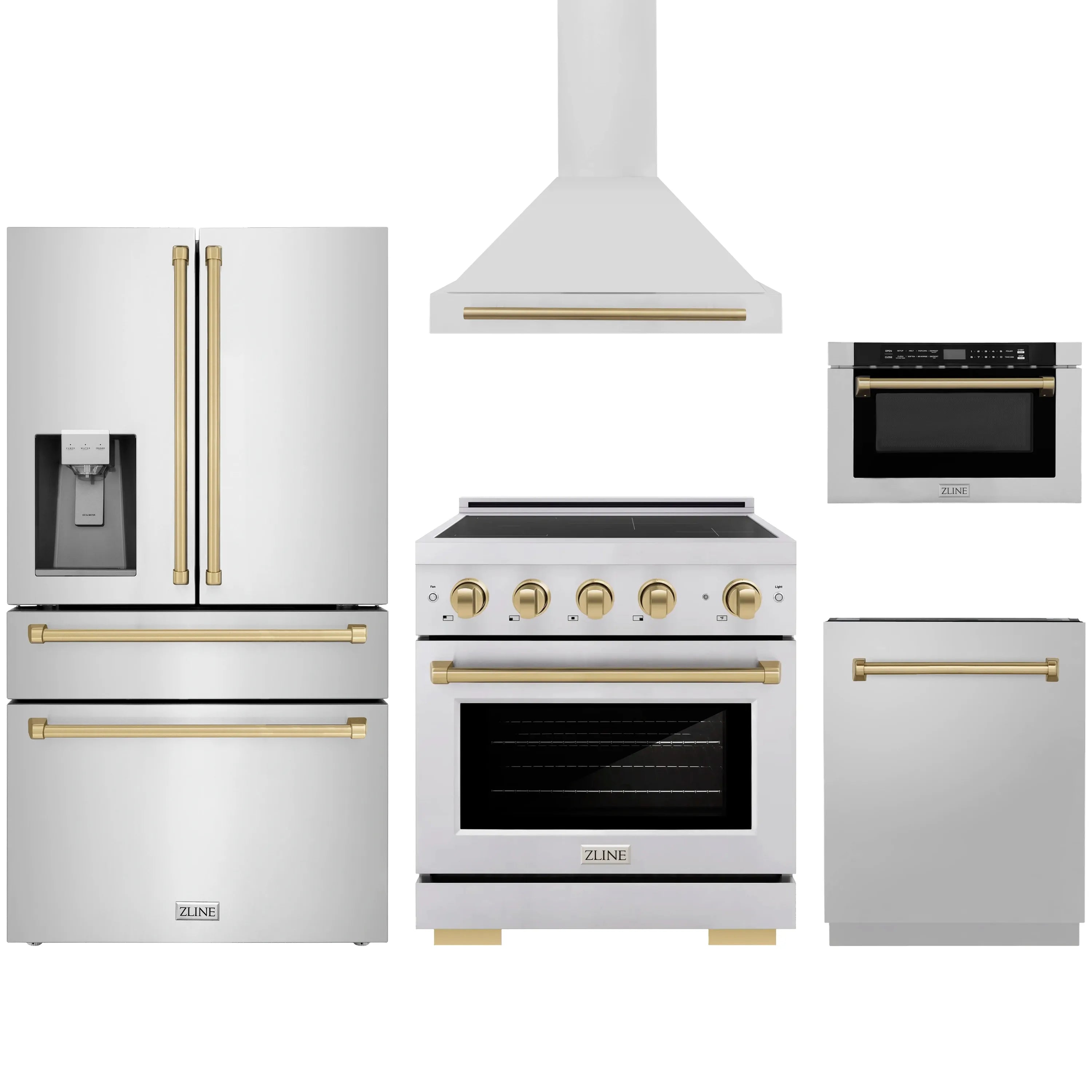 Stainless steel appliance bundle with gold accents: refrigerator, range, hood, microwave, dishwasher.