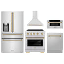 ZLINE 5-Piece Appliance Package - 30-Inch Autograph Induction Range, Wall Mount Range Hood, 36-Inch French Door Refrigerator with Water Dispenser, Dishwasher, and 30-Inch Microwave Drawer in Stainless Steel with Champagne Bronze Accents