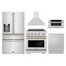ZLINE 5-Piece Appliance Package - 30-Inch Autograph Induction Range, Wall Mount Range Hood, 36-Inch French Door Refrigerator with Water Dispenser, Dishwasher, and 30-Inch Microwave Drawer in Stainless Steel with Gold Accents