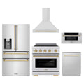 ZLINE 5-Piece Appliance Package - 30-Inch Autograph Induction Range, Wall Mount Range Hood, 36-Inch French Door Refrigerator with Water Dispenser, Dishwasher, and 30-Inch Microwave Drawer in Stainless Steel with Gold Accents