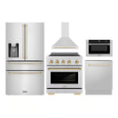 ZLINE 5-Piece Appliance Package - 30-Inch Autograph Induction Range, Wall Mount Range Hood, 36-Inch French Door Refrigerator with Water Dispenser, Dishwasher, and 30-Inch Microwave Drawer in Stainless Steel with Gold Accents