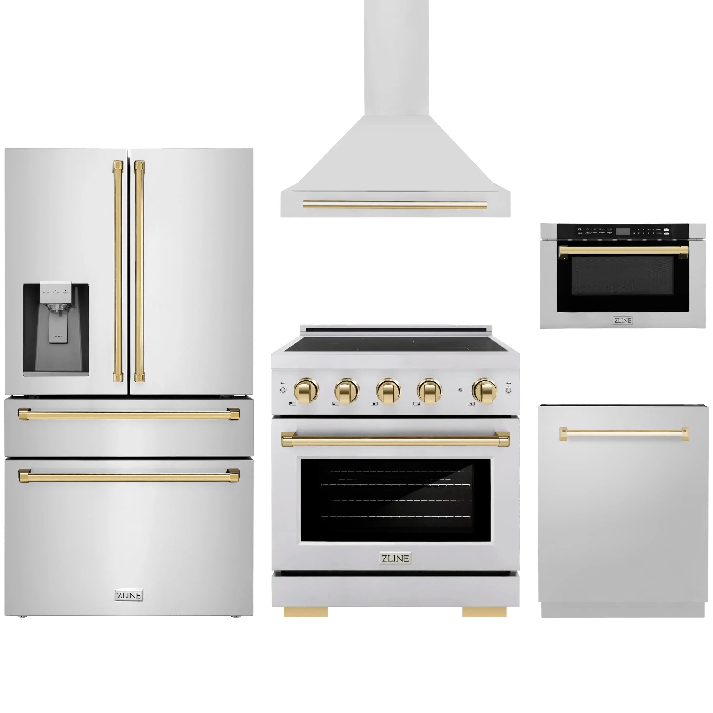 Stainless appliance set with gold accents: induction range, hood, fridge, microwave, dishwasher
