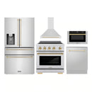 ZLINE 5-Piece Appliance Package - 30-Inch Autograph Induction Range, Wall Mount Range Hood, 36-Inch French Door Refrigerator with Water Dispenser, Dishwasher, and 24-Inch Microwave Drawer in Stainless Steel with Gold Accents