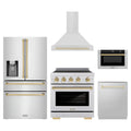 ZLINE 5-Piece Appliance Package - 30-Inch Autograph Induction Range, Wall Mount Range Hood, 36-Inch French Door Refrigerator with Water Dispenser, Dishwasher, and 24-Inch Microwave Drawer in Stainless Steel with Gold Accents