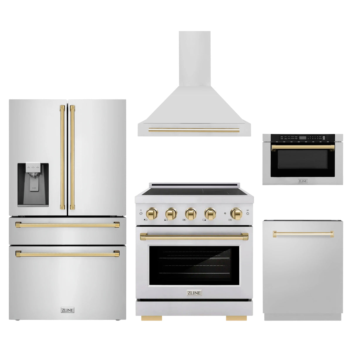 ZLINE 5-Piece Appliance Package - 30-Inch Autograph Induction Range, Wall Mount Range Hood, 36-Inch French Door Refrigerator with Water Dispenser, Dishwasher, and 24-Inch Microwave Drawer in Stainless Steel with Gold Accents