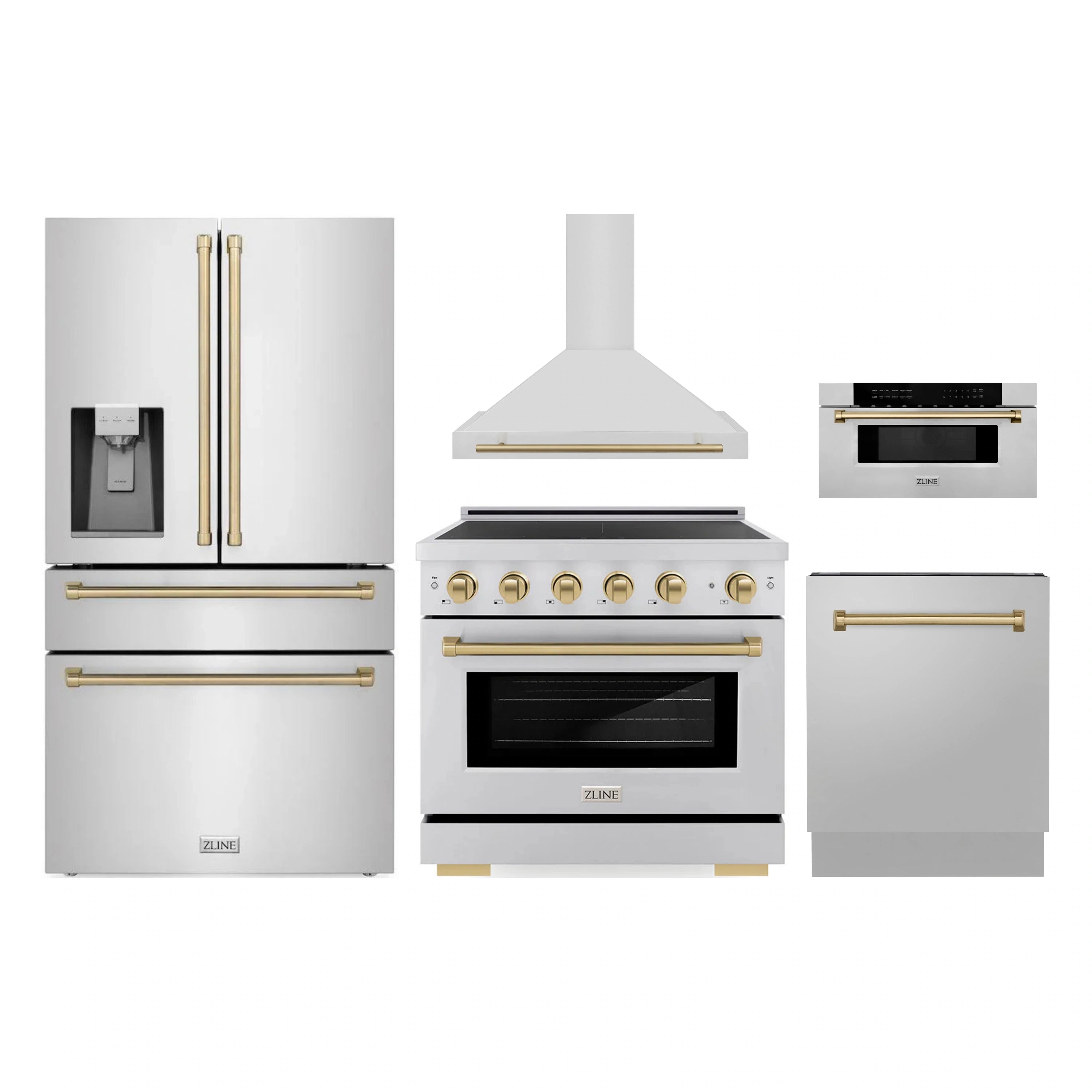 5-piece kitchen appliance set: refrigerator, range, wall oven, dishwasher, microwave drawer