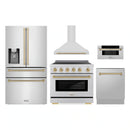 ZLINE 5-Piece Appliance Package - 36-Inch Autograph Edition Induction Range, Wall Mount Range Hood, 36-Inch French Door Refrigerator with Water Dispenser, Dishwasher, and 30-Inch Microwave Drawer in Stainless Steel with Champagne Bronze Accents