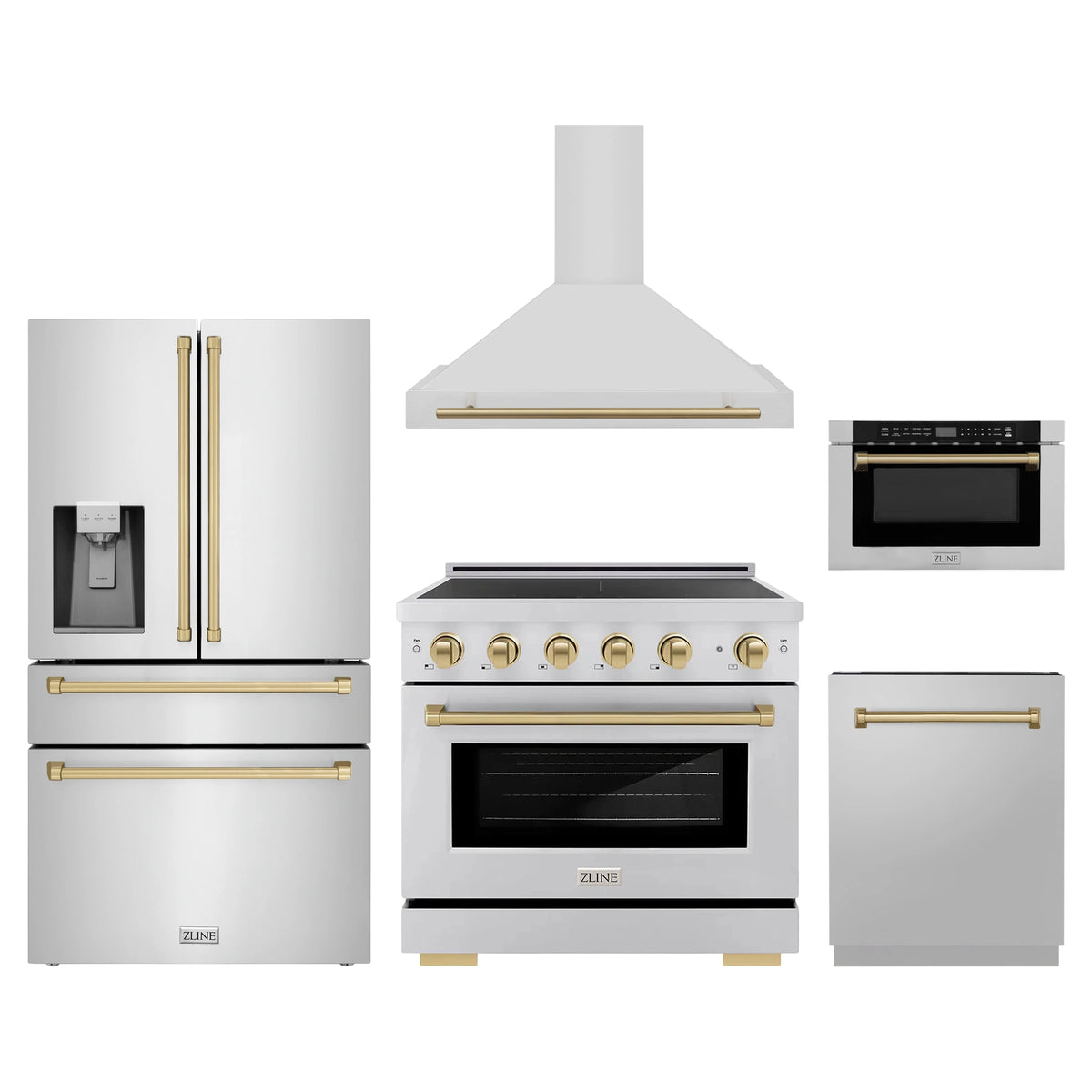 ZLINE 5-Piece Appliance Package - 36-Inch Autograph Edition Induction Range, Wall Mount Range Hood, 36-Inch French Door Refrigerator with Water Dispenser, Dishwasher, and 24-Inch Microwave Drawer in Stainless Steel with Champagne Bronze Accents