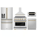 ZLINE 5-Piece Appliance Package - 36-Inch Autograph Edition Induction Range, Wall Mount Range Hood, 36-Inch French Door Refrigerator with Water Dispenser, Dishwasher, and 30-Inch Microwave Drawer in Stainless Steel with Champagne Bronze Accents
