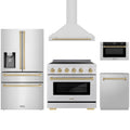 ZLINE 5-Piece Appliance Package - 36-Inch Autograph Edition Induction Range, Wall Mount Range Hood, 36-Inch French Door Refrigerator with Water Dispenser, Dishwasher, and 24-Inch Microwave Drawer in Stainless Steel with Champagne Bronze Accents