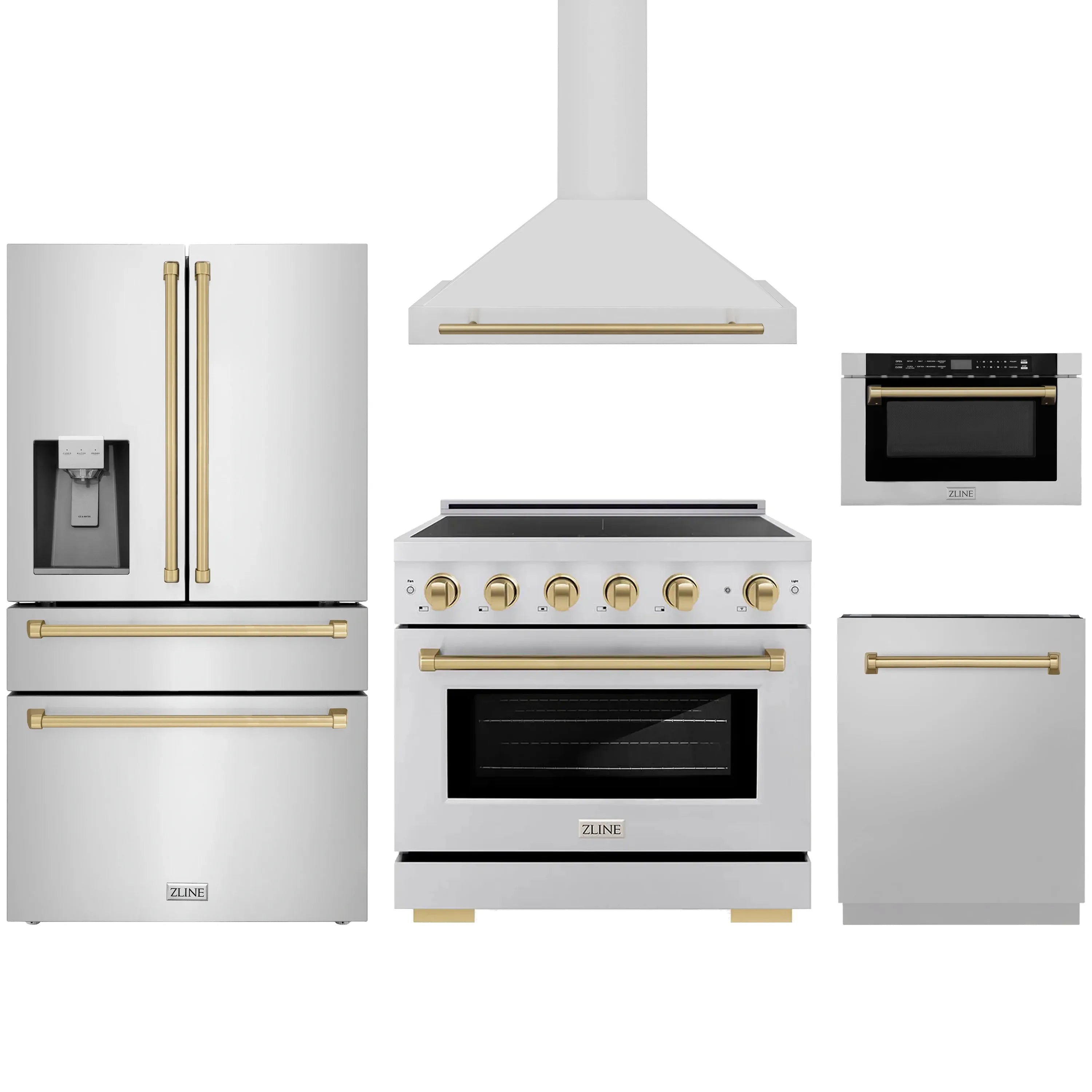 Stainless appliance package with champagne bronze accents: range, hood, fridge, microwave, dishwasher