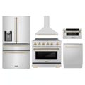 ZLINE 5-Piece Appliance Package - 36-Inch Autograph Edition Induction Range, Wall Mount Range Hood, 36-Inch French Door Refrigerator with Water Dispenser, Dishwasher, and 30-Inch Microwave Drawer in Stainless Steel with Gold Accents