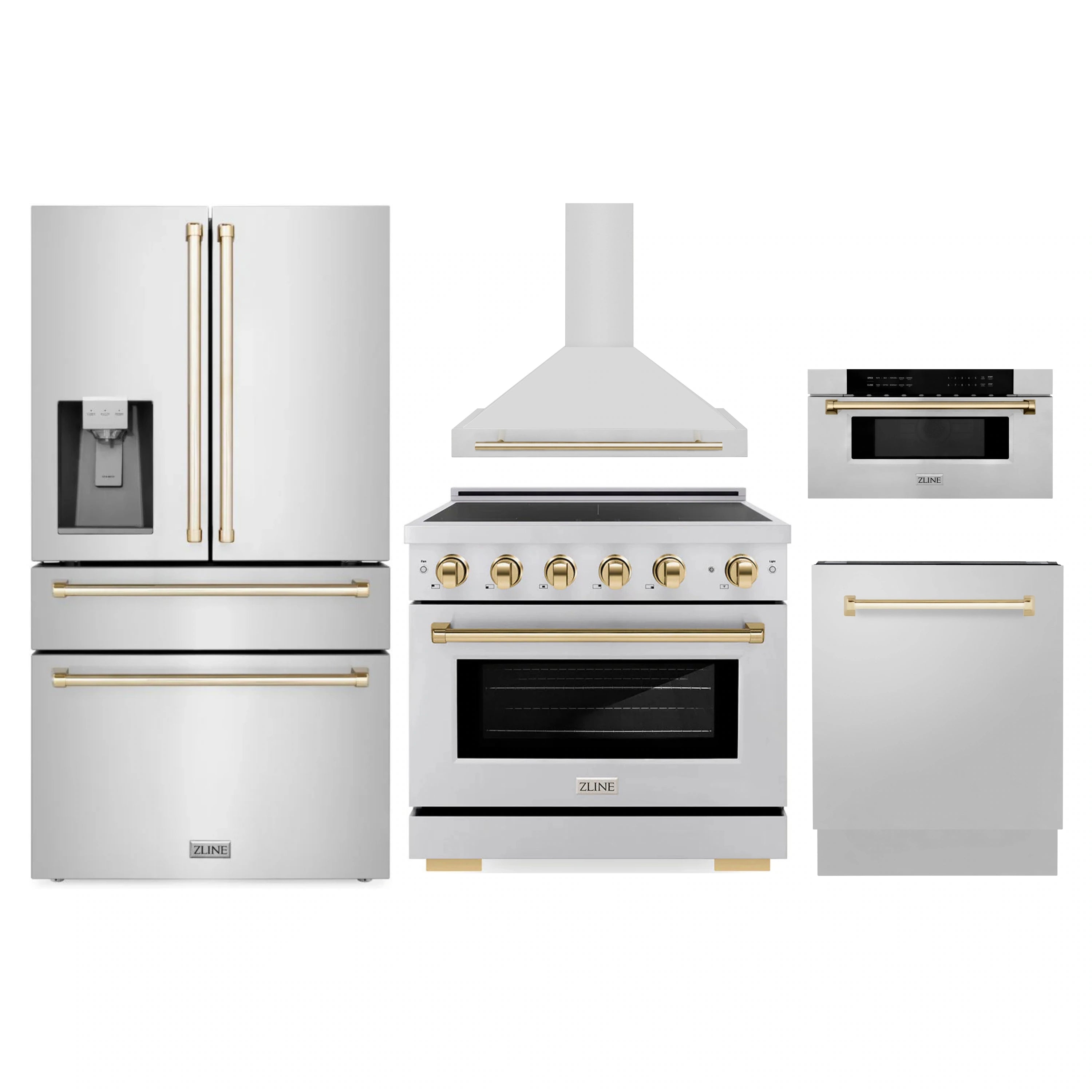 Stainless steel kitchen appliance set with range, wall hood, refrigerator, and microwave