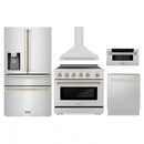 ZLINE 5-Piece Appliance Package - 36-Inch Autograph Edition Induction Range, Wall Mount Range Hood, 36-Inch French Door Refrigerator with Water Dispenser, Dishwasher, and 30-Inch Microwave Drawer in Stainless Steel with Gold Accents
