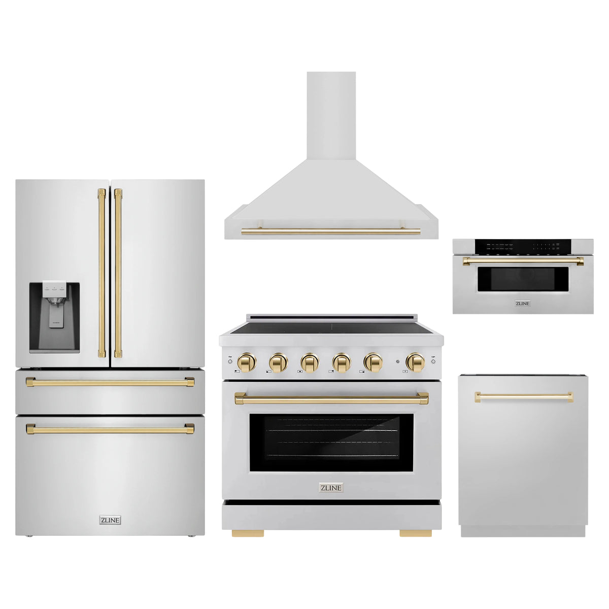 ZLINE 5-Piece Appliance Package - 36-Inch Autograph Edition Induction Range, Wall Mount Range Hood, 36-Inch French Door Refrigerator with Water Dispenser, Dishwasher, and 30-Inch Microwave Drawer in Stainless Steel with Gold Accents
