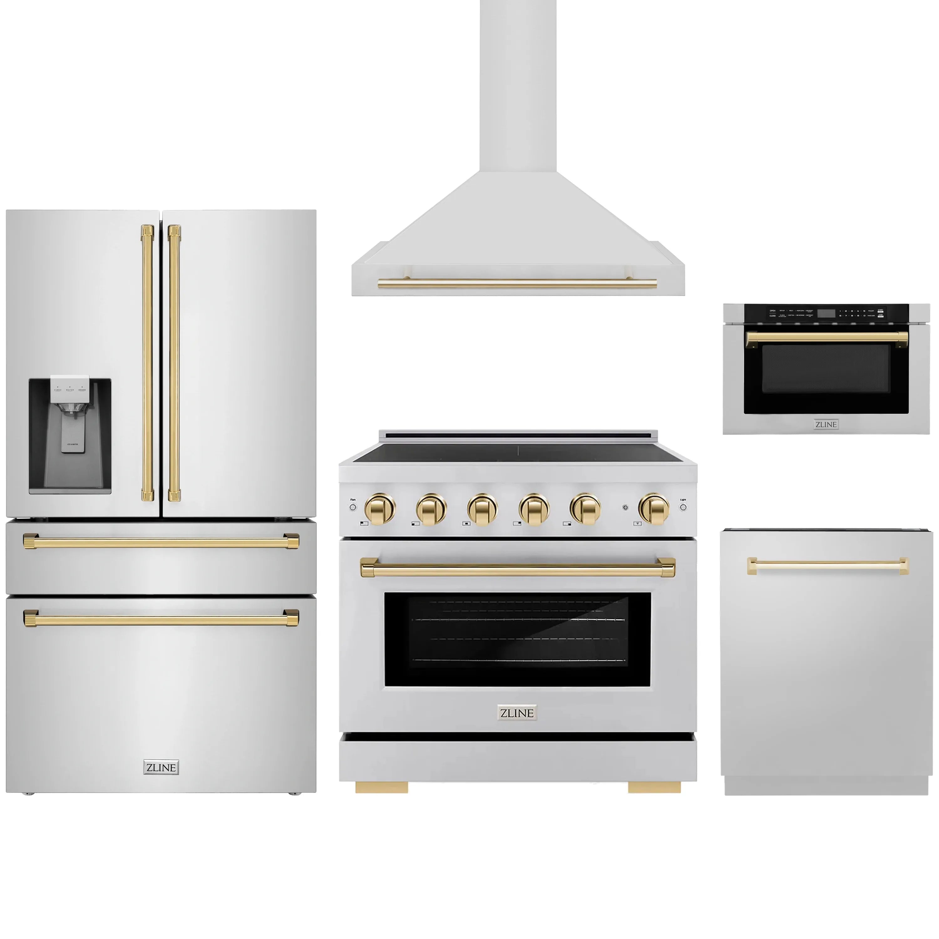 Stainless 5-piece appliance set with gold accents: range, hood, fridge, microwave, dishwasher