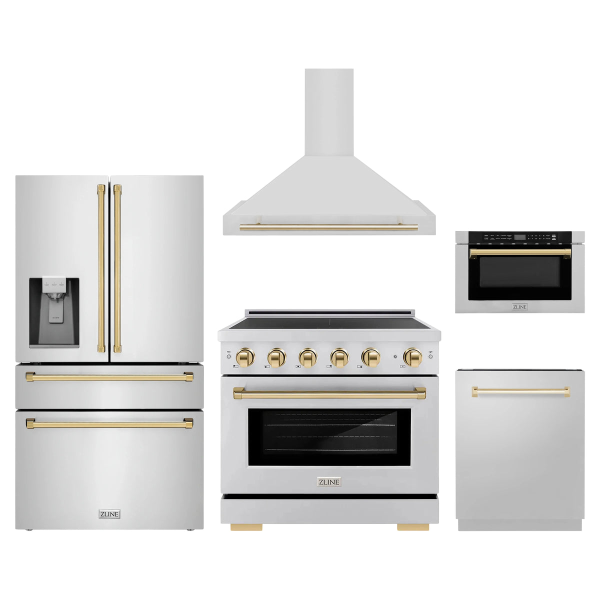 ZLINE 5-Piece Appliance Package - 36-Inch Autograph Edition Induction Range, Wall Mount Range Hood, 36-Inch French Door Refrigerator with Water Dispenser, Dishwasher, and 24-Inch Microwave Drawer in Stainless Steel with Gold Accents