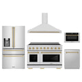 ZLINE 5-Piece Appliance Package - 48-Inch Autograph Edition Induction Range, Wall Mount Range Hood, 36-Inch French Door Refrigerator with Water Dispenser, Dishwasher, and 24-Inch Microwave Drawer in Stainless Steel with Champagne Bronze Accents
